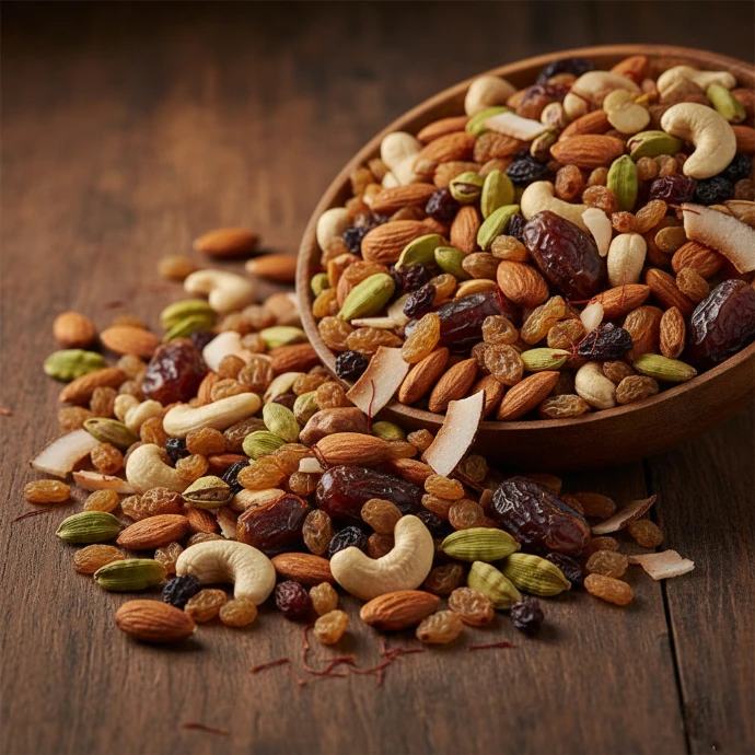 Premium quality dry fruits including sliced almonds, pistachios, and cashews featured in our authentic Sheer Khurma dessert premix.