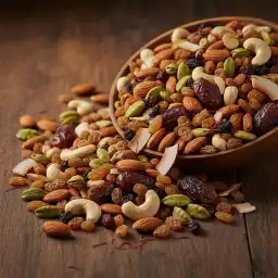 Premium quality dry fruits including sliced almonds, pistachios, and cashews featured in our authentic Sheer Khurma dessert premix.